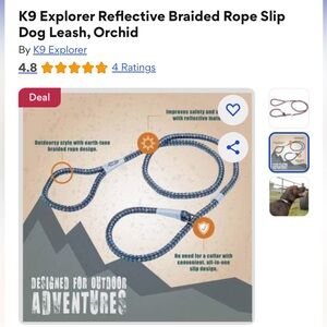 K9 Explorer Braided Rope Slip Dog Leash Sapphire-Reflective Blue, Brown and Gray